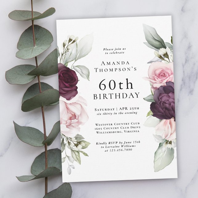 Burgundy och Rosa Blommigt Elegant 60:e födelsedag Inbjudningar (Skapare uppladdad)