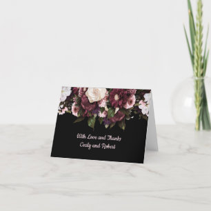 Burgundy och Rosa Blommigt på svart Tack Kort