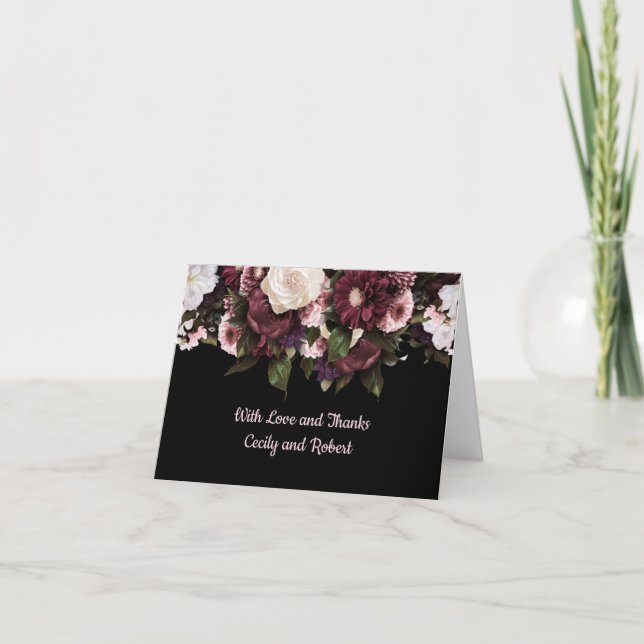 Burgundy och  Rosa Blommigt på svart Tack Kort (Framsida)