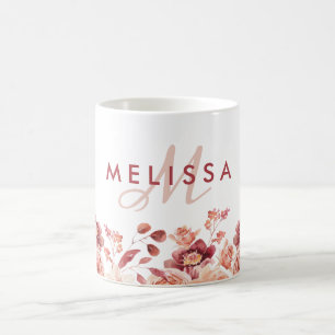 Burgundy och rosa blommor vattenfärg namnmonogram kaffemugg