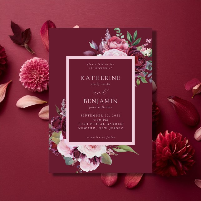 Burgundy och Rosa Elegant Blommigt Bröllop Inbjudningar (Skapare uppladdad)