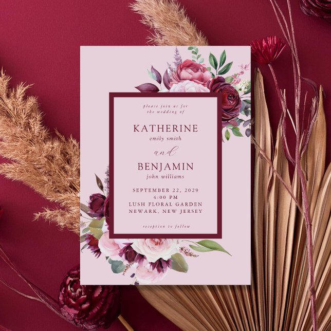 Burgundy och Rosa Elegant Blommigt Bröllop Inbjudningar (Skapare uppladdad)