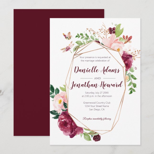 Burgundy och Rosa Geometric Watercolor Bröllop | Inbjudningar (Fram/baksida)