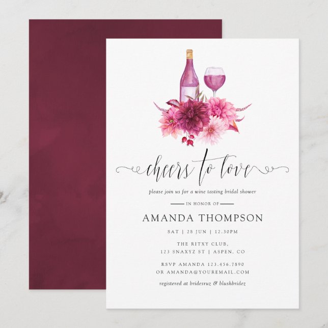 Burgundy och  Rosa Möhippa Vin Tasting Inbjudningar (Fram/baksida)