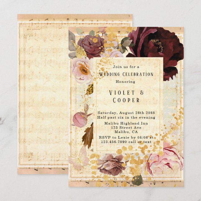 Burgundy och  Rosa Musical Blommigt Bröllop Inbjudningar (Fram/baksida)