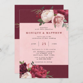 Burgundy och  Rosa Peony Bouquet Bröllop Inbjudningar