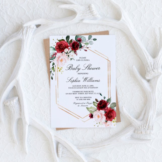 Burgundy och  Rosa ros Baby Shower Inbjudningar (Skapare uppladdad)