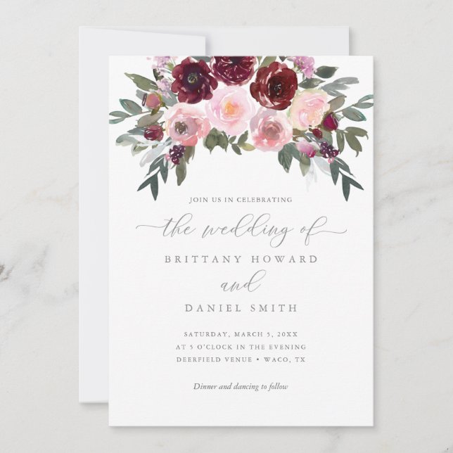 Burgundy och Rosa ros Greenery Bröllop Inbjudningar (Framsida)