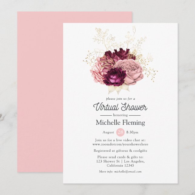 Burgundy och Rosa Virtuellare Baby eller Möhippa Inbjudningar (Fram/baksida)