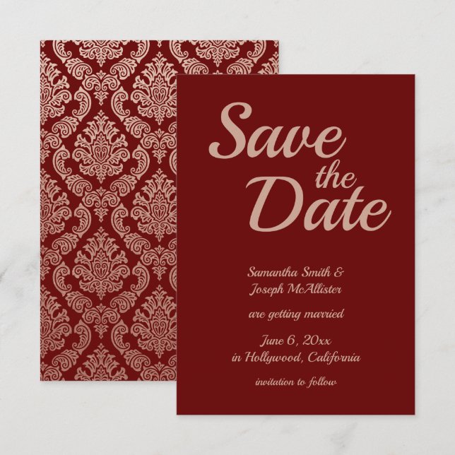 Burgundy och Rose Gold Damask Spara datum Inbjudningar (Fram/baksida)