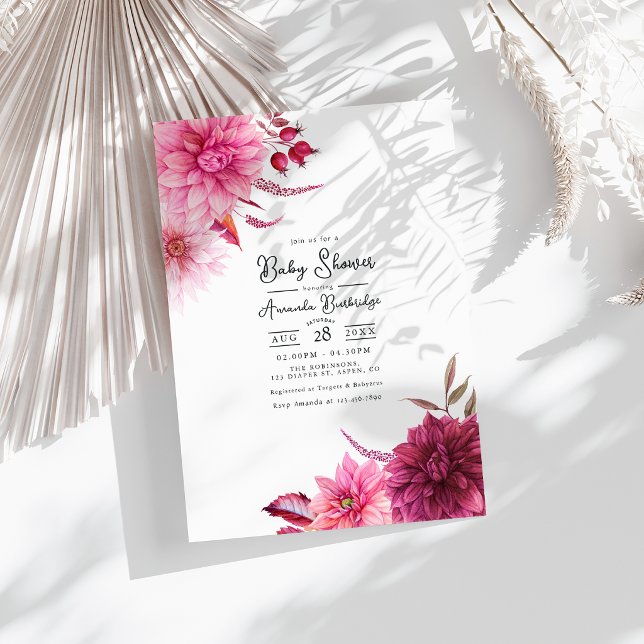 Burgundy och rosenskiftande höstblommig baby showe inbjudningar (Burgundy and Blush Autumn-Fall Floral Baby Shower Invitation)
