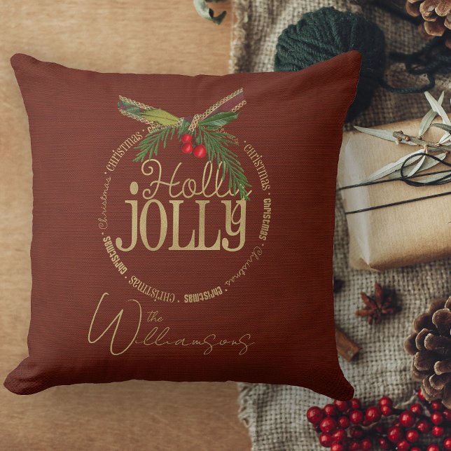 Burgundy och Shimmering Holly Jolly-jul Kudde (decorative Christmas couch throw pillow for living room)