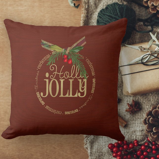 Burgundy och Shimmering Holly Jolly-jul Kudde (red and gold holly jolly christmas pillow with holly and gold text)