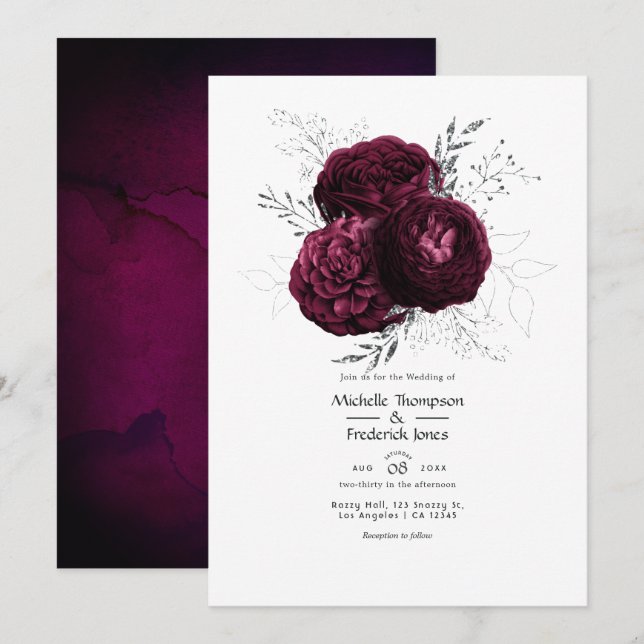 Burgundy och Silver Blommig Bröllop Inbjudningar (Fram/baksida)