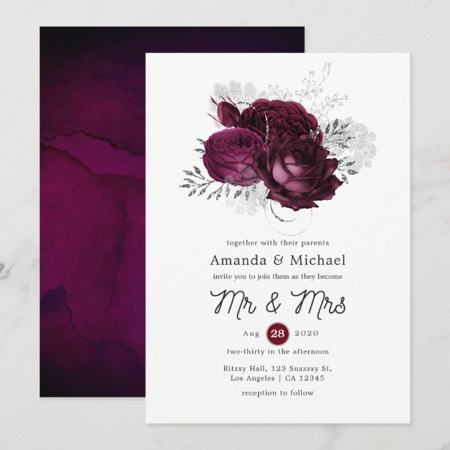 Burgundy och Silver Blommigt Bröllop Inbjudningar (Fram/baksida)