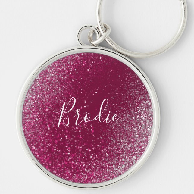 Burgundy och Silver Glitter Rund Silverfärgad Nyckelring (Framsidan)