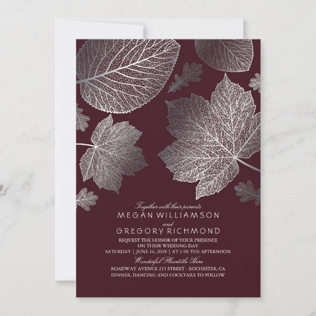 Burgundy och Silver Löv Vintage Fall Wedding Inbjudningar (Framsida)