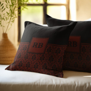 Burgundy och svart damastmonogrammönster kudde