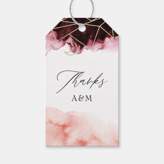 Burgundy och  vattenfärgsgeometriska Bröllop Presentetikett (Framsidan)