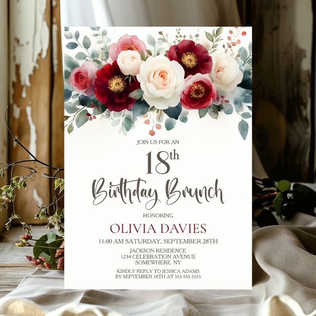 Burgundy och vit blomsterinbjudan till 18-års föde inbjudningar (Skapare uppladdad)