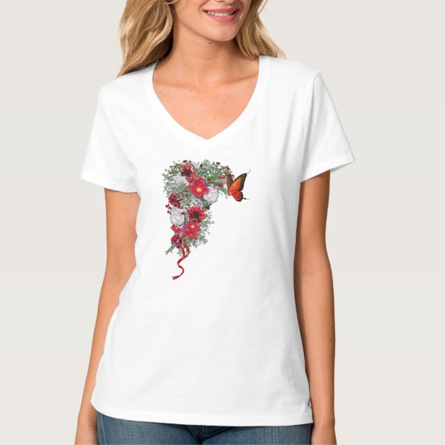 , Burgundy och Vit ros Bouquets T Shirt (Framsida)