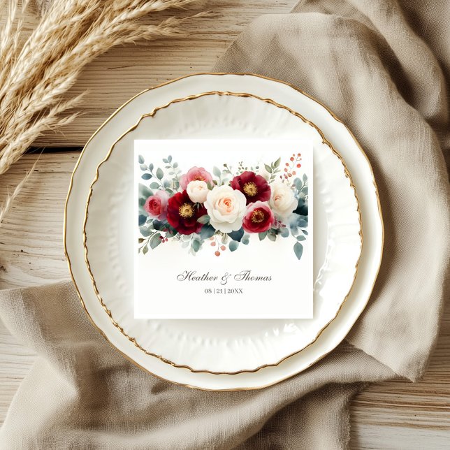Burgundy och Vita Blommigten Bröllop Pappersservett (Skapare uppladdad)