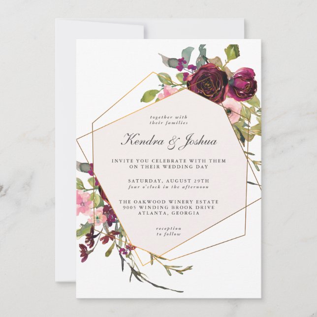 Burgundy och  Watercolor Boho Blommigt Bröllop Inbjudningar (Framsida)