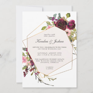 Burgundy och Watercolor Boho Blommigt Bröllop Inbjudningar