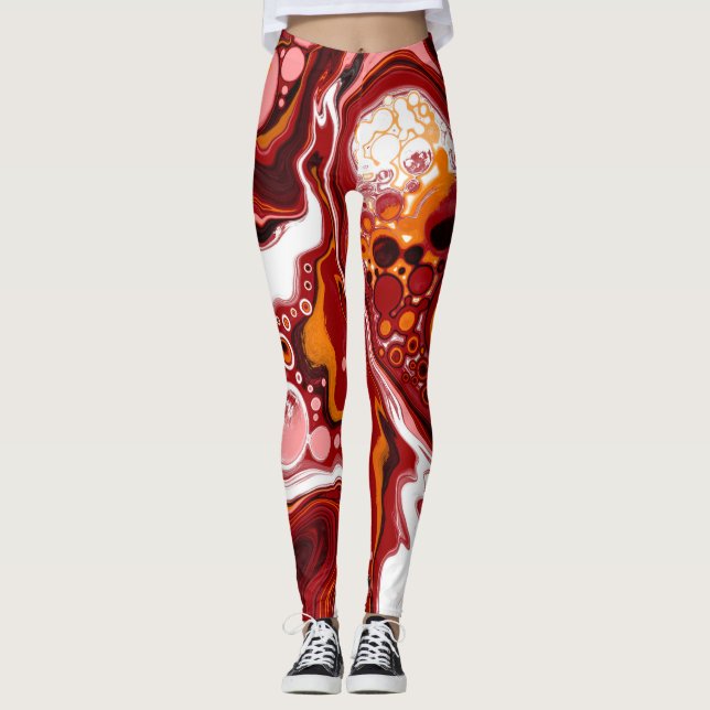 Burgundy och White Digital Fluid Art Leggings (Framsida)