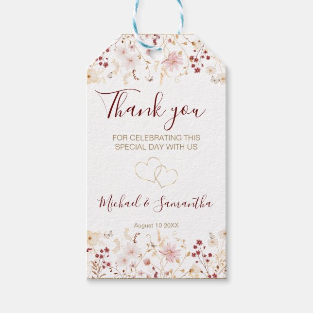 Burgundy och  Wildblomman Bröllop Presentetikett (Framsidan)