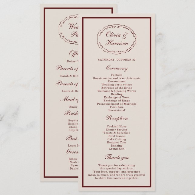 Burgundy Old Money Wedding Program Card (Fram/baksida)