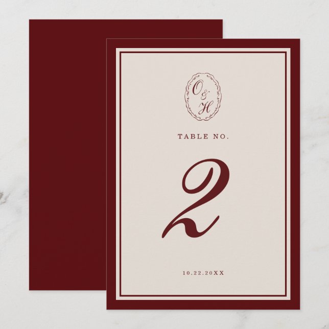Burgundy Old Money Wedding Table Number Inbjudningar (Fram/baksida)