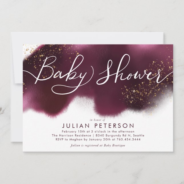 Burgundy Ombre Baby Shower Guld Glitter Typography Inbjudningar (Framsida)