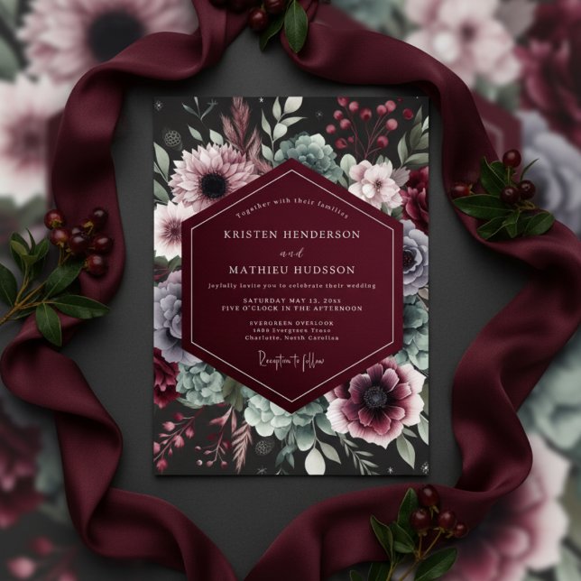 Burgundy Opulent Bloom Bröllop Inbjudningar (Skapare uppladdad)