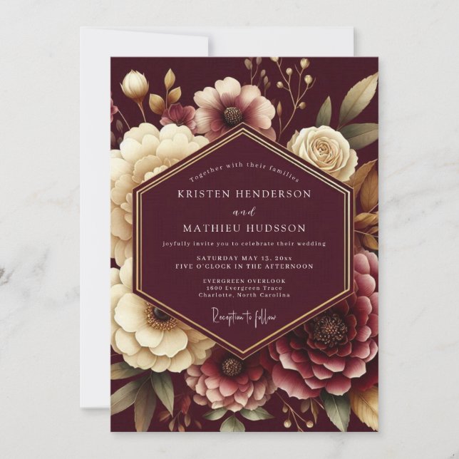 Burgundy Opulent Flora Wedding Inbjudningar (Framsida)