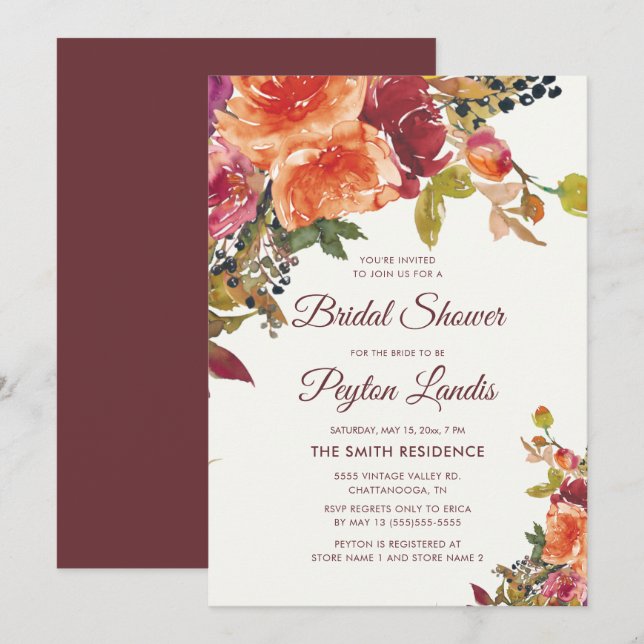 Burgundy Orange Blå Blommiga blad Bröllopsdusch Inbjudningar (Fram/baksida)