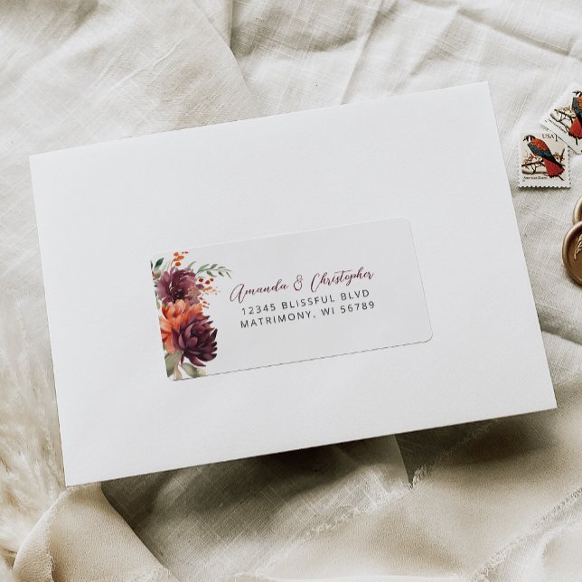Burgundy Orange Blommig Bröllop RSVP-adress Adressetikett (Skapare uppladdad)