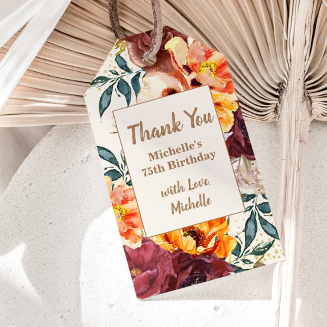 Burgundy Orange Blommig Guld Glitter 75-årsdag Presentetikett (Orange and burgundy watercolor floral 75th birthday party gift tag)