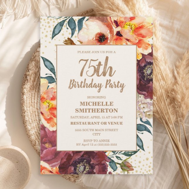 Burgundy Orange Blommig Guldglitter 75-årsdag Inbjudningar (Orange and burgundy watercolor floral and gold glitter 75th birthday party invitation)