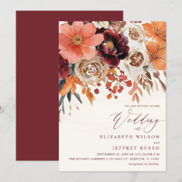 Burgundy Orange Blommig Höstbröllop Inbjudningar