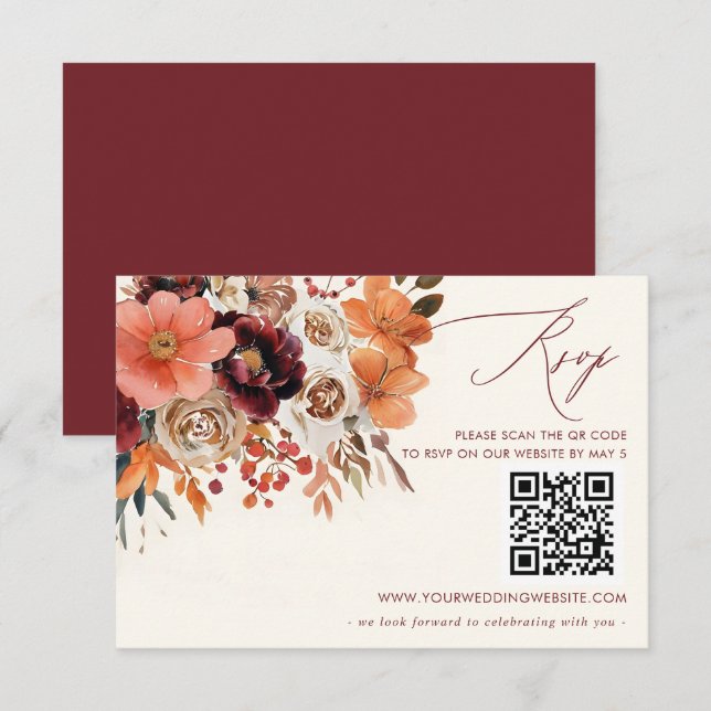 Burgundy Orange Blommig Höstbröllop QR KOD OSA Kort (Fram/baksida)