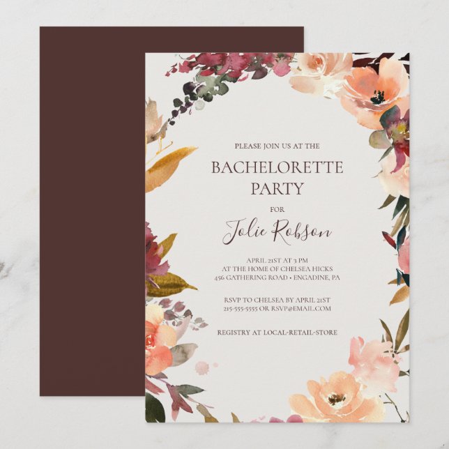 Burgundy Orange Blommigt | Beige Bachelorette Part Inbjudningar (Fram/baksida)