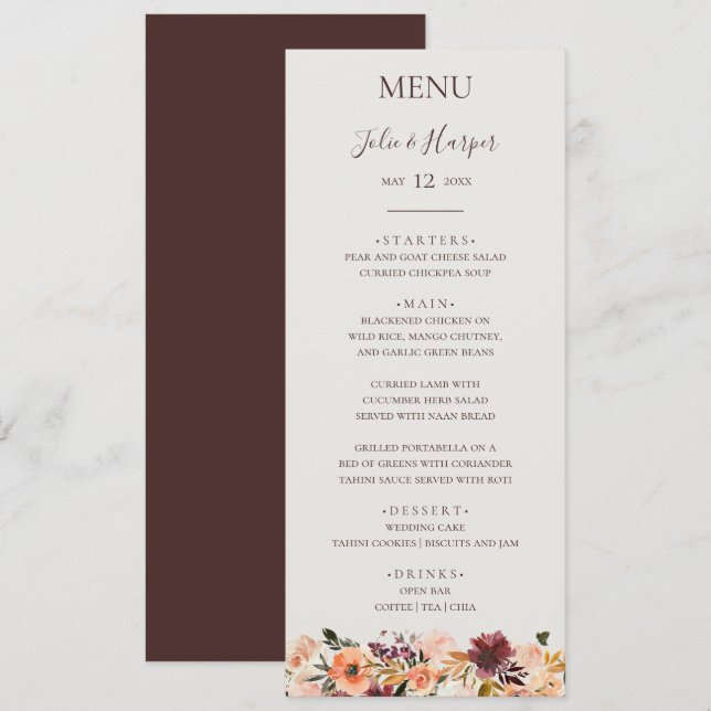 Burgundy Orange Blommigt | Beige Bröllop Dinner Me Meny (Fram/baksida)