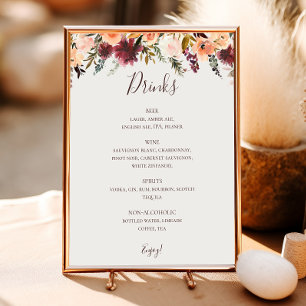 Burgundy Orange Blommigt Beige Bröllop Drinks Menu Poster