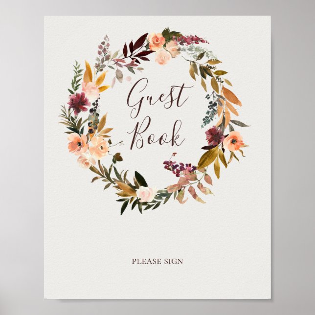 Burgundy Orange Blommigt | Beige Guest Bok Sign Poster (Framsidan)