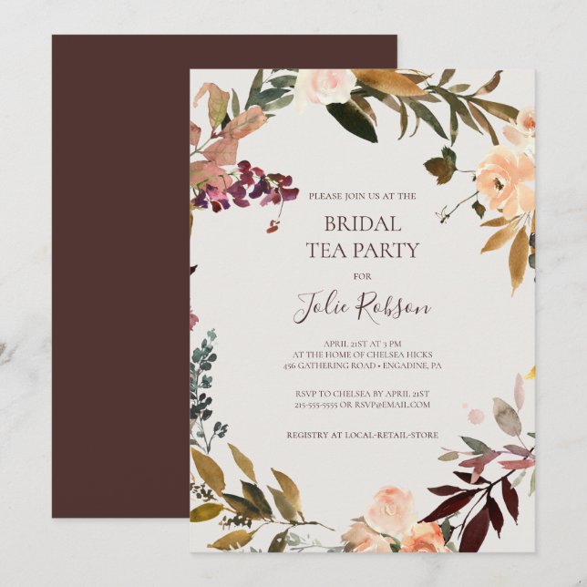 Burgundy Orange Blommigt | Beige Möhippa Tea Party Inbjudningar (Fram/baksida)