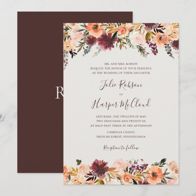 Burgundy Orange Blommigt | Beige Traditional Bröll Inbjudningar (Fram/baksida)
