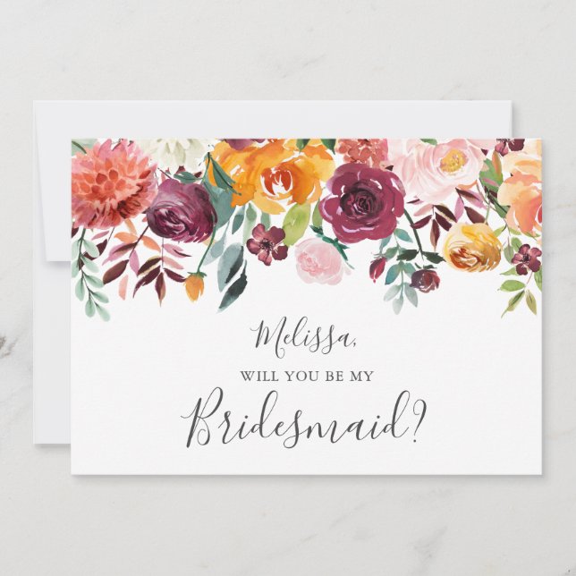 Burgundy Orange Blommigt, blir du min bridesmaid Inbjudningar (Framsida)
