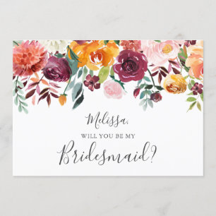 Burgundy Orange Blommigt, blir du min bridesmaid Inbjudningar