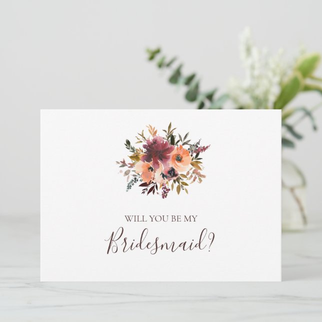Burgundy Orange Blommigt Bridesmaid Frieri kort (Stående Fram)